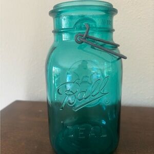 Vintage Ball Teal Glass Mason Jar